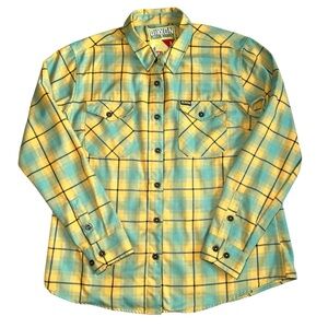 Dixxon Women’s Frank The Tank Flannel Button Up Shirt Sz XL Yellow Blue Plaid